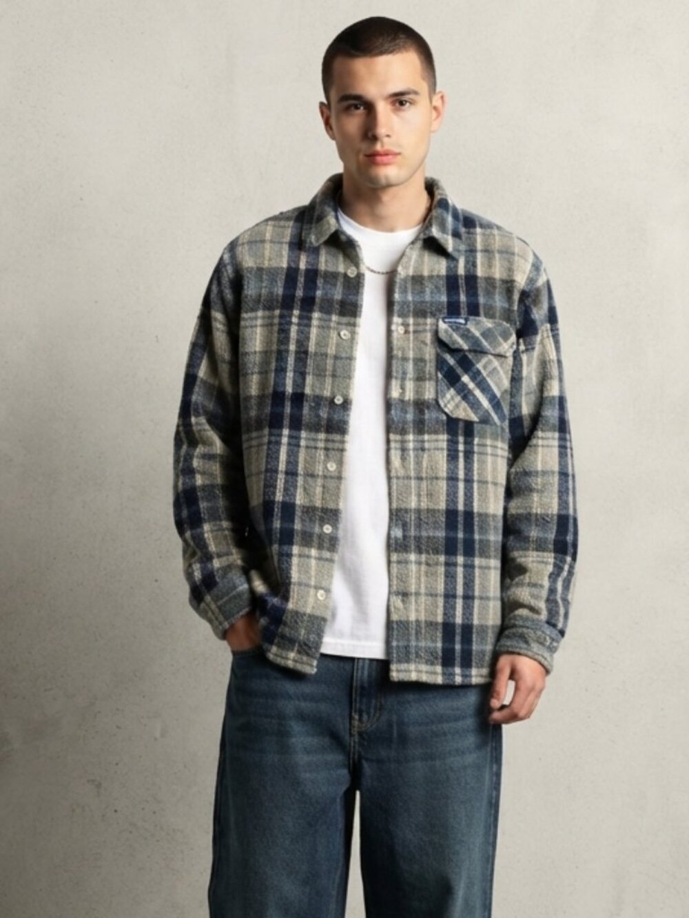 Enyce Mens Chenille Plaid Woven Shirt Navy Gray Button-Down Long Sleeve Size 3XL